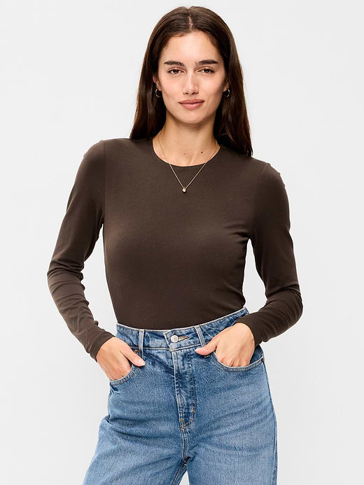 Hug Double-Layer Crew-Neck Long-Sleeve Top - Black Coffee