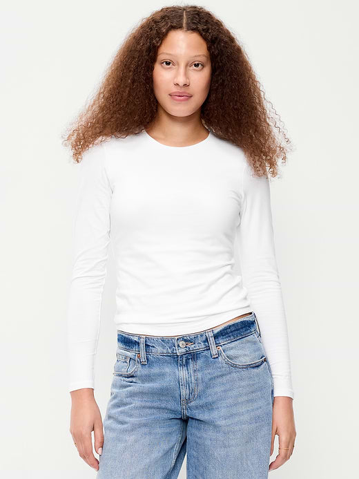 Hug Double-Layer Crew-Neck Long-Sleeve Top - White Lilies