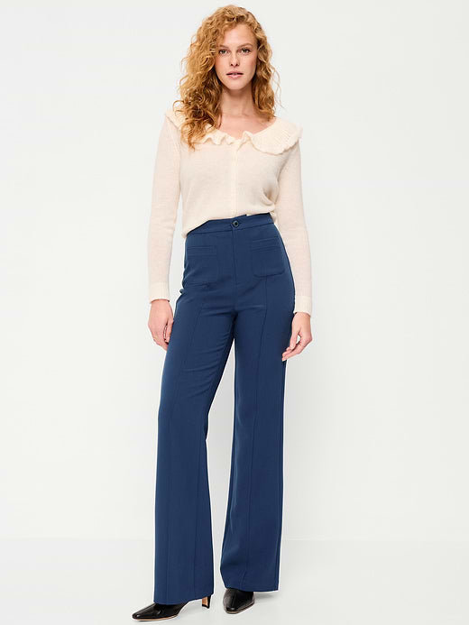 High-Waisted Patch Pocket Flare Pants - Gothic Blue