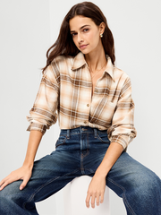 Oversized Button-Down Boyfriend Flannel Shirt - Neutral Plaid