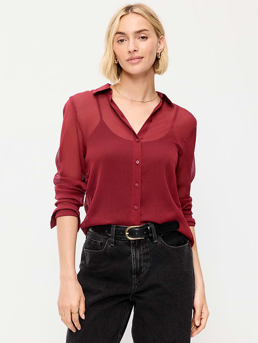 Chiffon Sheer Button-Down Shirt - Emberglow