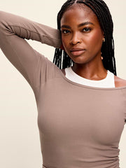 CloudLite Ribbed Long-Sleeve Boatneck Top - Mocha