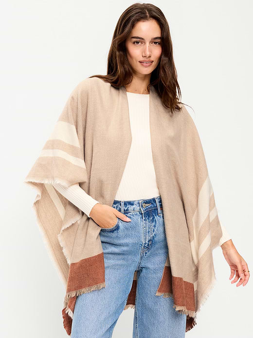 Flannel Fringe Poncho - Herringbone