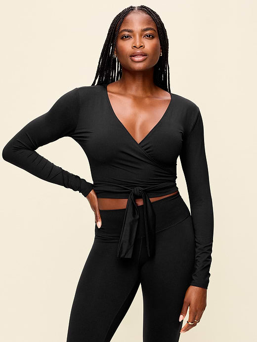 StudioSmooth Long-Sleeve Wrap Top - Black Jack