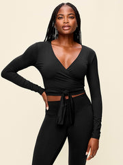 StudioSmooth Long-Sleeve Wrap Top - Black Jack