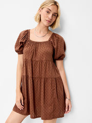 Puff-Sleeve Swing Mini Dress - Coco de mer