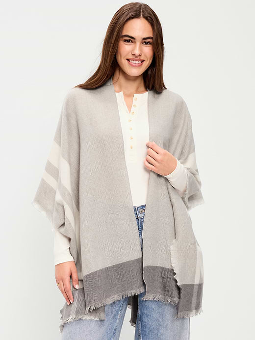 Flannel Fringe Poncho - Gray Herringbone