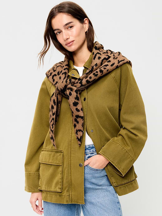 Oversized Rib-Knit Triangle Scarf - Leopard