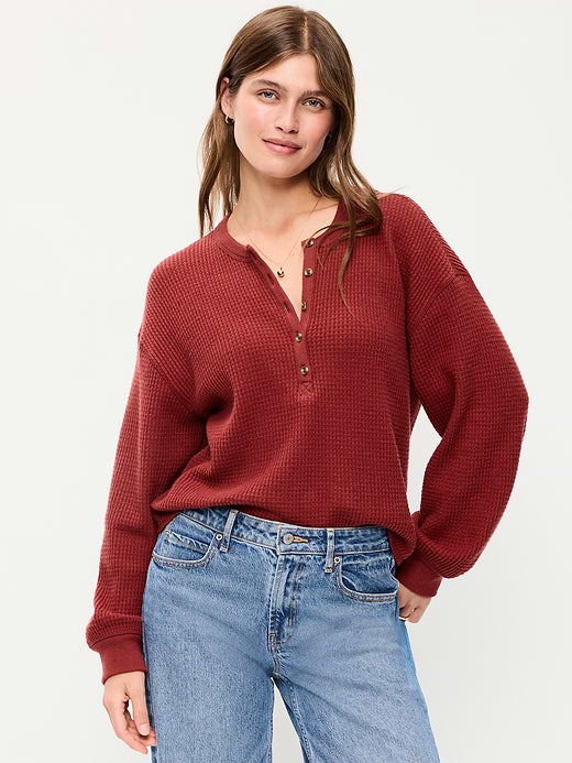 Long-Sleeve Crew-Neck Henley T-Shirt - Goji Berry
