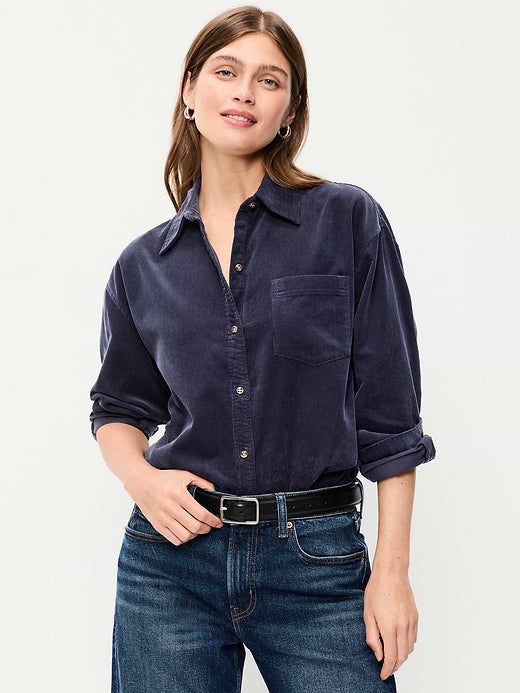 Oversized Boyfriend Button-Down Corduroy Shirt - Volcanic Glass
