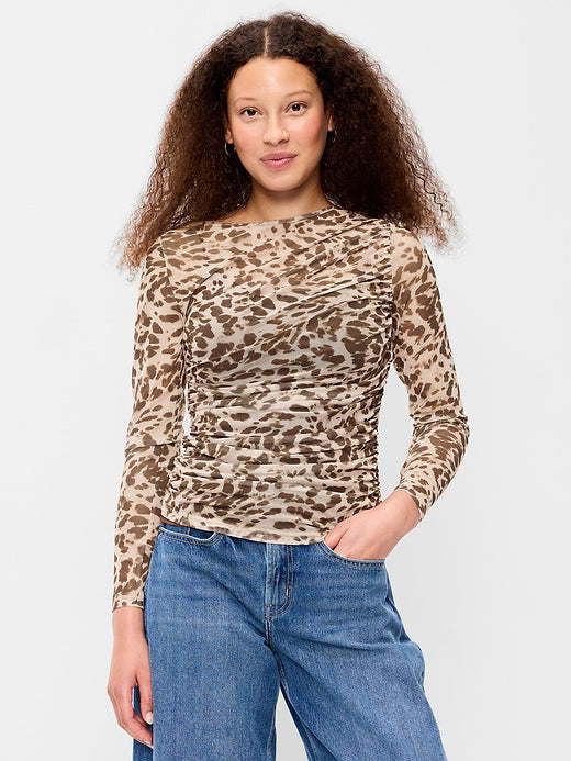 Long-Sleeve Asymmetrical Unlined Mesh Top - Brown Animal