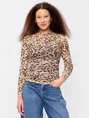 Long-Sleeve Asymmetrical Unlined Mesh Top - Brown Animal
