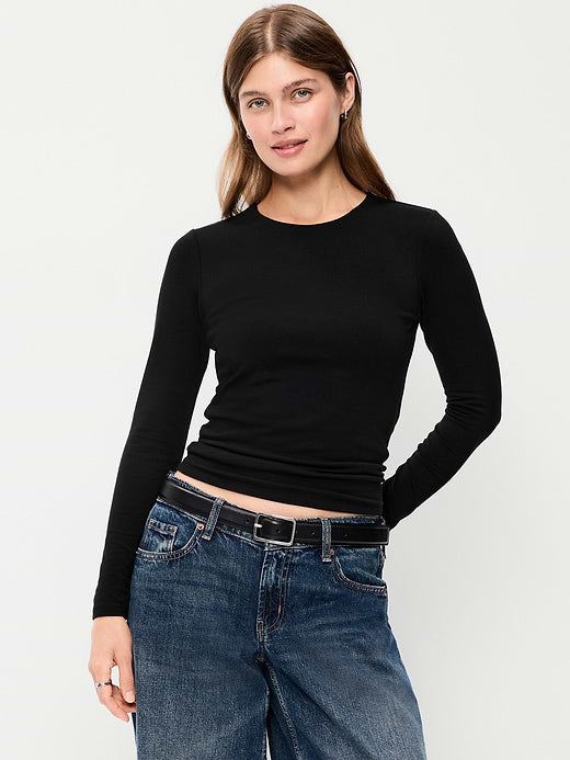 Hug Double-Layer Crew-Neck Long-Sleeve Top - Black Jack