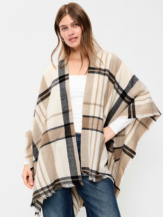 Flannel Fringe Poncho - Black Plaid