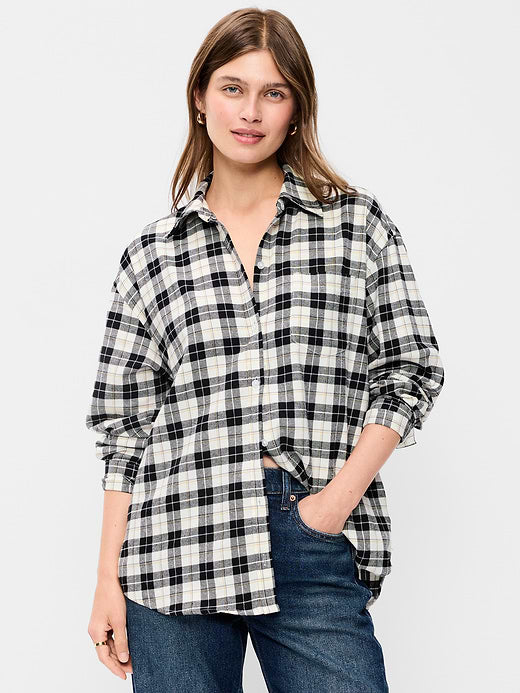 Oversized Button-Down Boyfriend Flannel Shirt - Black Buffalo Plaid