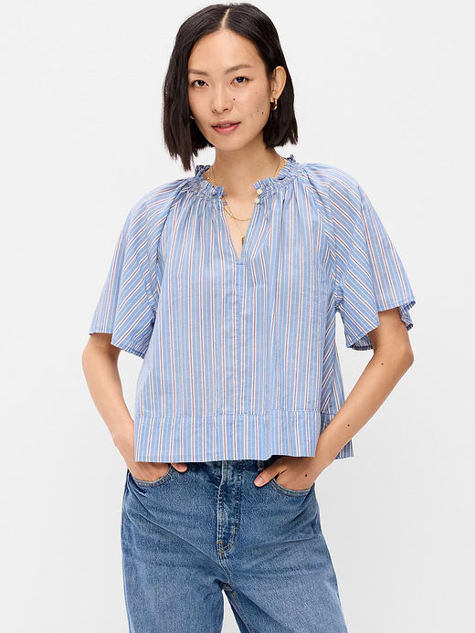 Loose Short-Sleeve Striped Top - Blue Stripe