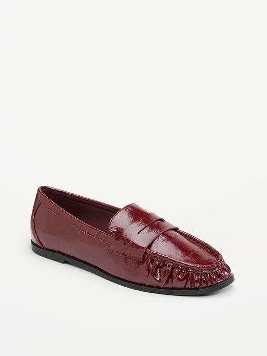 Faux-Leather Ruched Loafers - Red Lacquer