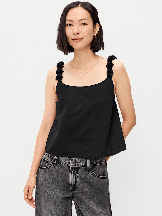 Rosette-Strap Tank Top - Black Jack